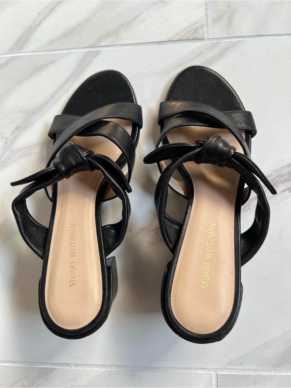 Stuart Weitzman Black Leather Knot Slide Sandals Block Heel Size 5.5